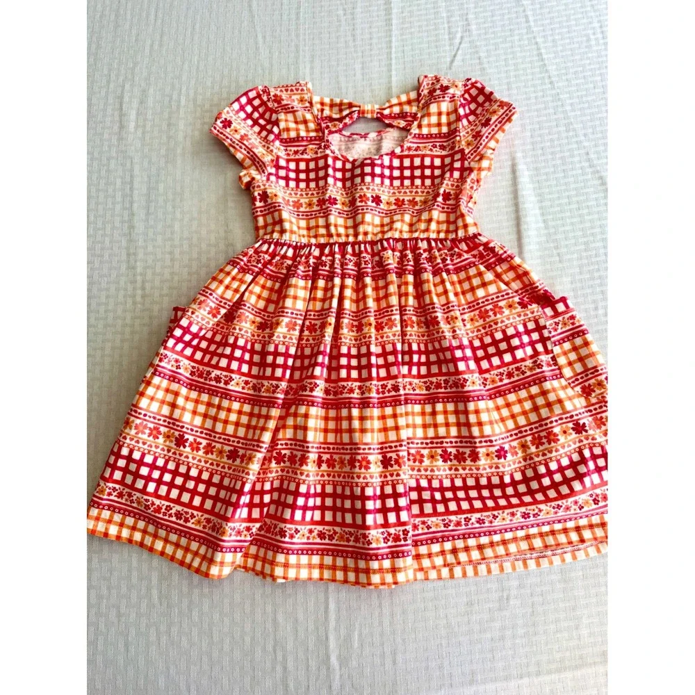 Flapdoodles Girls Orange Pink Gingham Floral Bow Back Pocket Dress Size 8